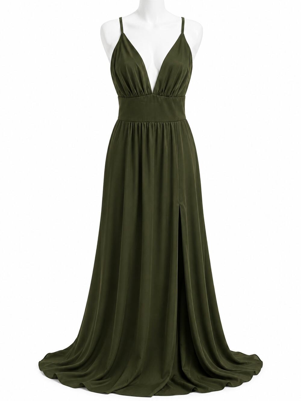 Olive Green Open Back Maxi Dress Plunge Tie Back Formal Wedding Guest Dress M